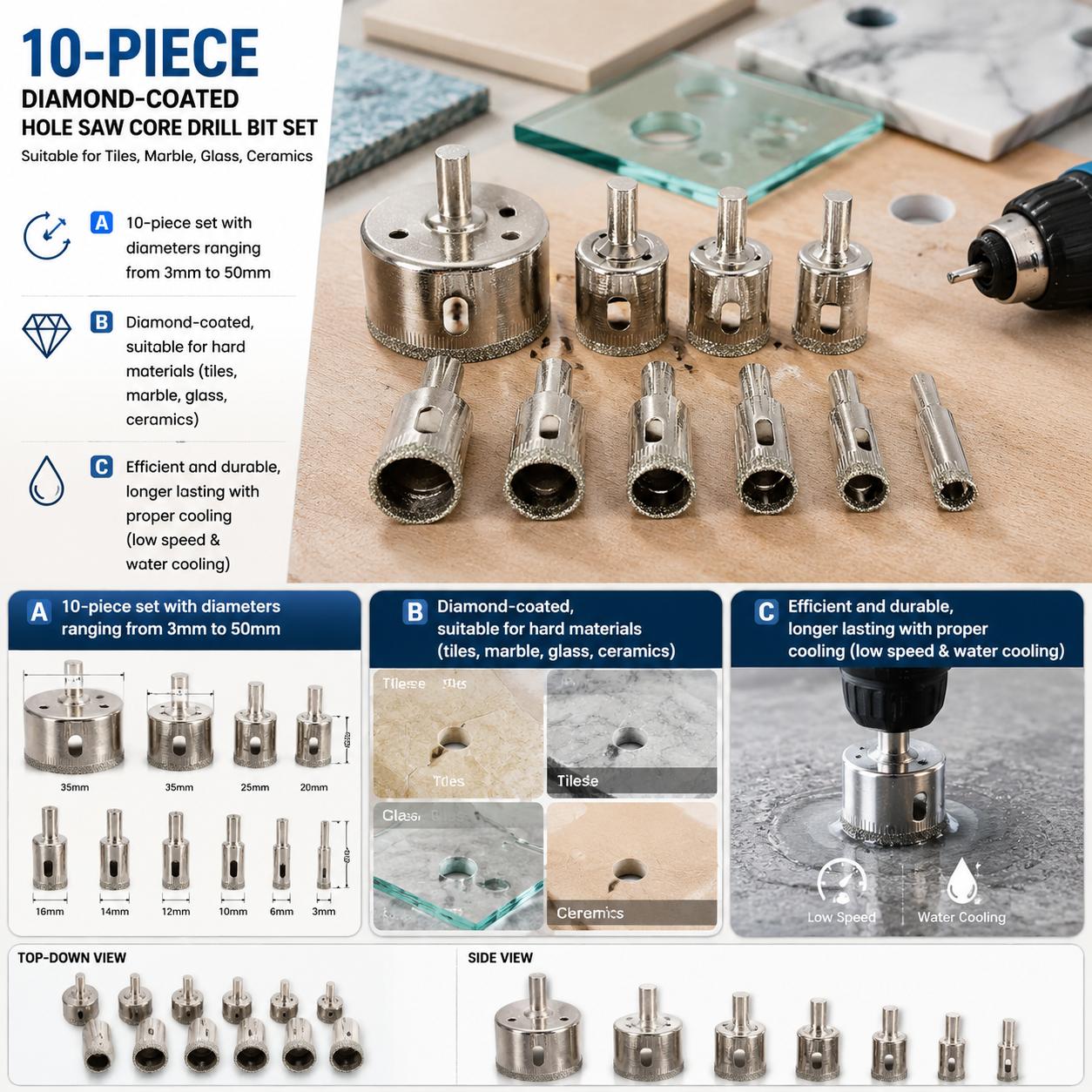 Reciprocating Saw Attachment Drill - ชุดดอกสว่านเคลือบเพชร 10 ชิ้น ชุดดอกสว่านเจาะรูคุณภาพพรีเมียมสำหรับกระเบื้องเซรามิก แก้ว พอร์ซเลน