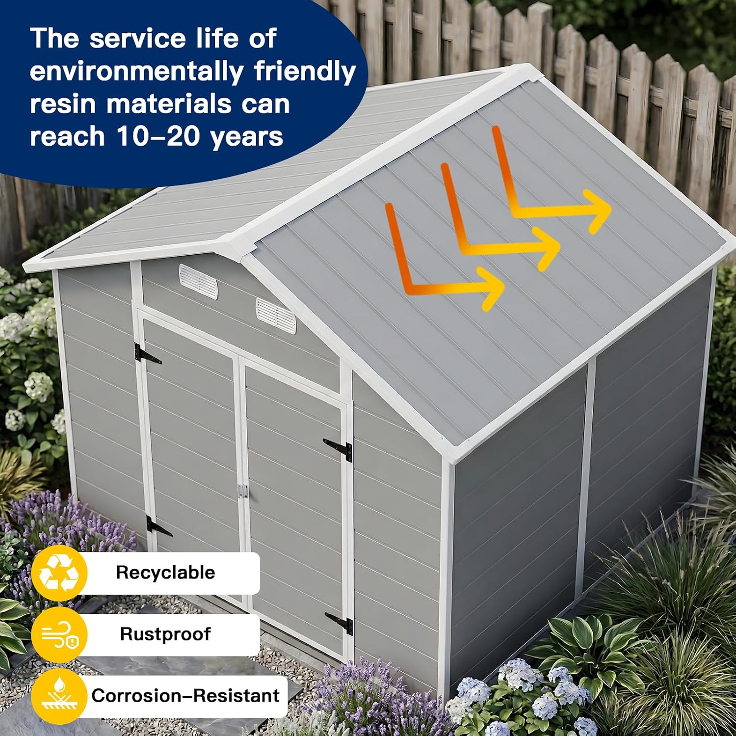 Garden Tools - โรงเก็บของกลางแจ้งขนาด 8x6 ฟุต พร้อมพื้นกันน้ำ บ้านเก็บเครื่องมือในสวนทำจากเรซิน สามารถปรับแต่งได้