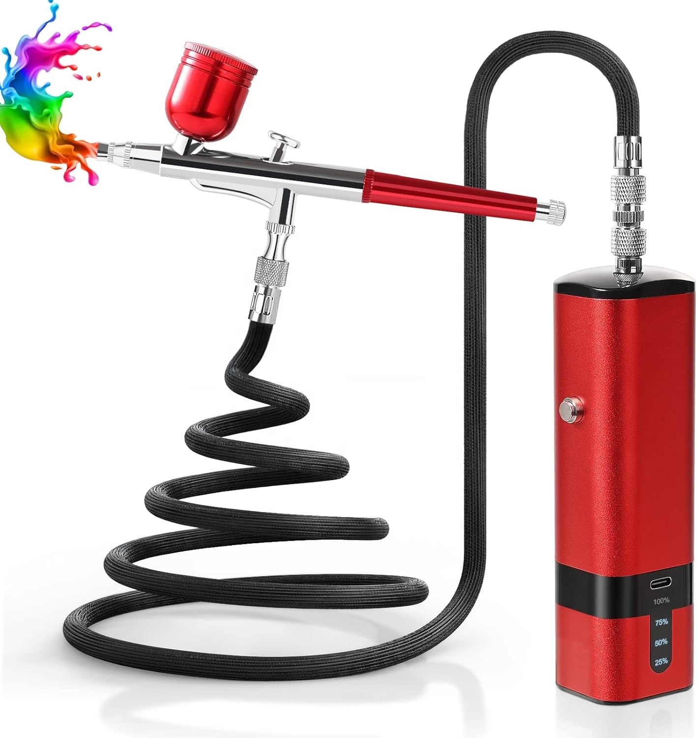 Airbrush Kit With Mini Compressor - ชุดแอร์บรัชพร้อมคอมเพรสเซอร์, ชุดแปรงลมขนาดเล็กแบบมือถือ 32PSI, แปรงลมแรงดันสูงแบบพกพาสำหรับงานเพ้นท์